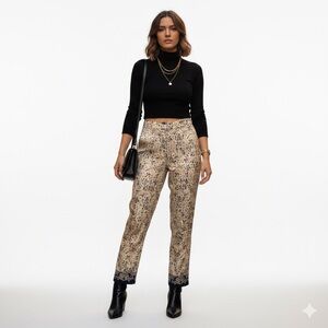 ICE 100% Silk Navy Beige Floral Ankle Pants Size 10 Y2K inspired